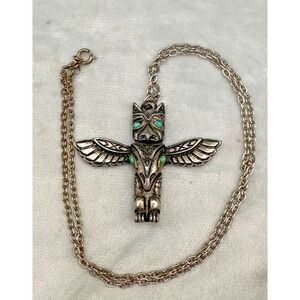 Vintage Totem‎ Pole Pendant Necklace Silver Tone 25"